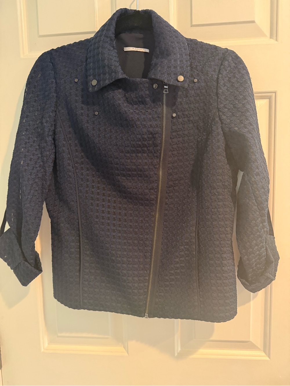 Tahari Navy Textured Moto Jacket Asymmetrical Zip Roll Tab Sleeves Medium
